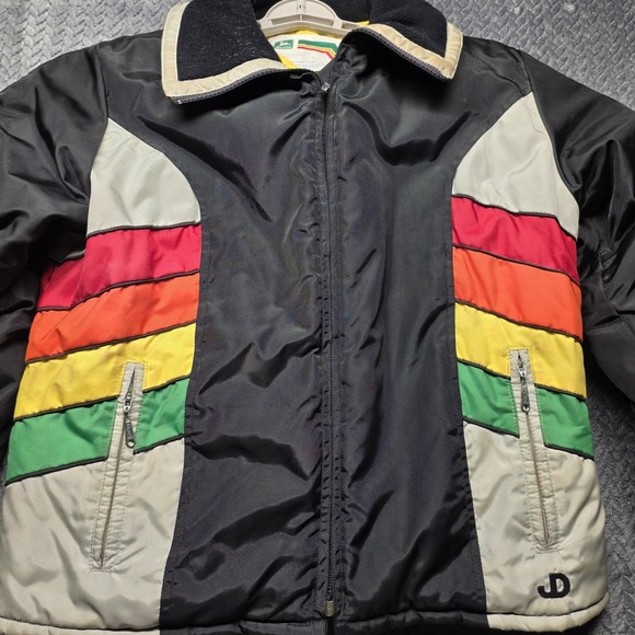VTG John Deere Rainbow Stripe Snowmobile Jacket Ladies L (Fits M) Black 1970's